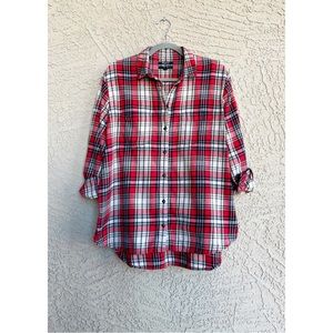 MADEWELL Red & White Plaid Oversized Ex-Boyfriend Button Down Flannel Shirt M